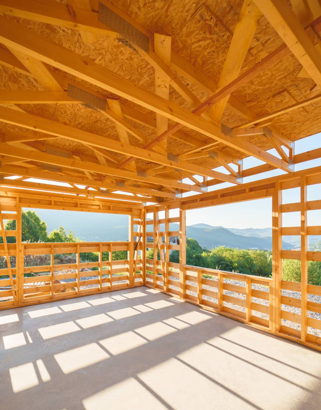 wooden framing construction for a home in the mountains